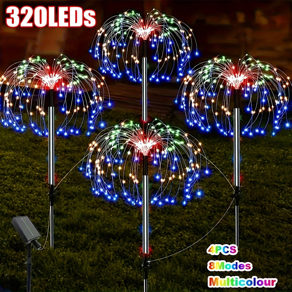 Solar Garden Lights, Four-Pack Firework-Style Outdoor Stakes with Eight Modes and Multicolor LEDs