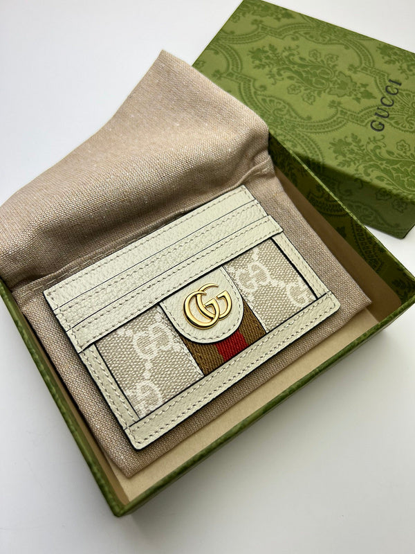 Gucci Ophidia GG Supreme Card Holder – Ivory White Leather Web Stripe Gold GG