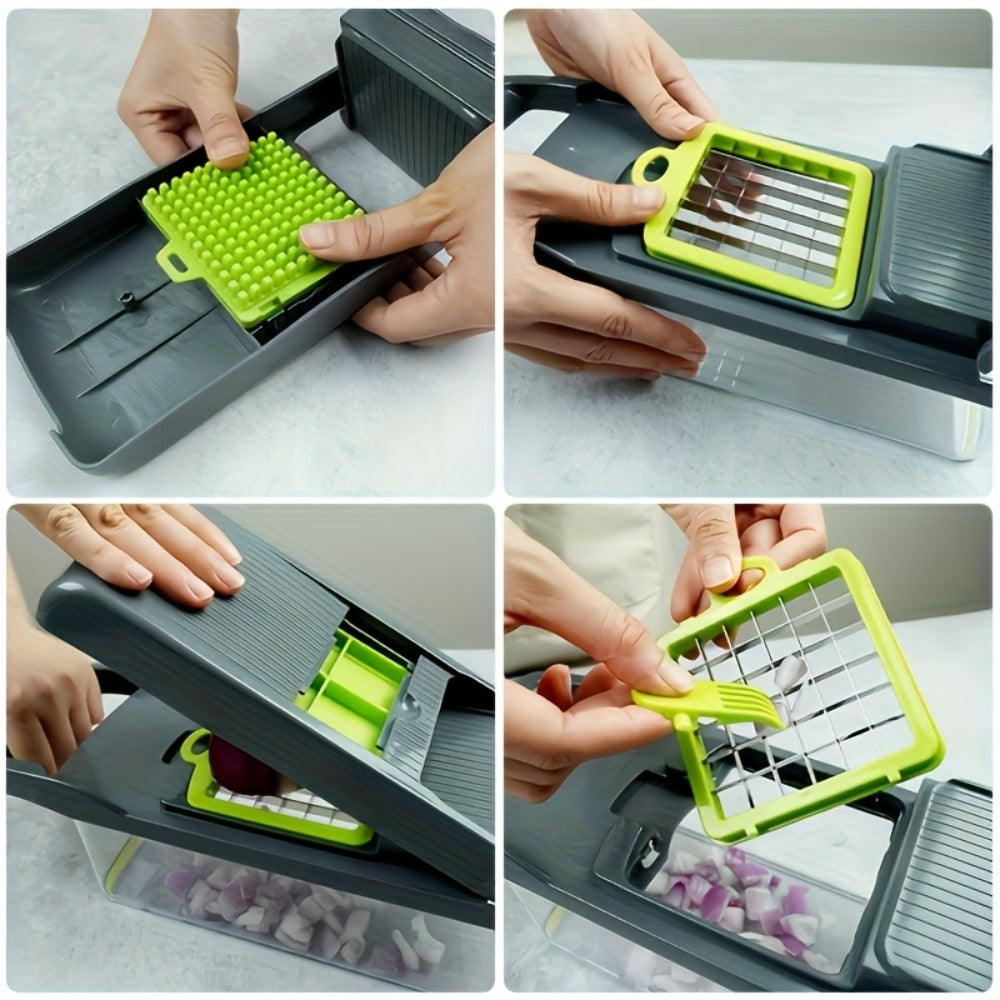 Vegetable Chopper 16-in-1 Manual Food Chopper Set, 8 Stainless Steel Blades, 304 Container, Peeler & Filter