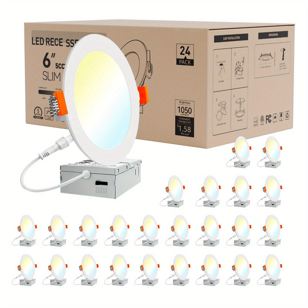 6 Inch LED Recessed Light 5CCT Selectable Dimmable - 12W 1050LM, 2700K-5000K, ETL Listed Slim Canless Downlight for Kitchen