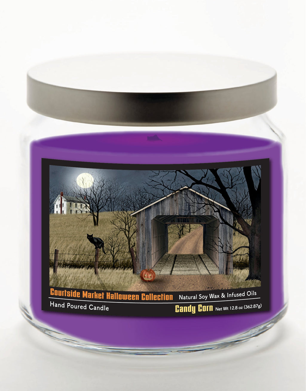 Halloween Collection Black Cat & Jack-O-Lantern 12.8 Oz Candle Glass Jar with Brushed Silver Metal Lid