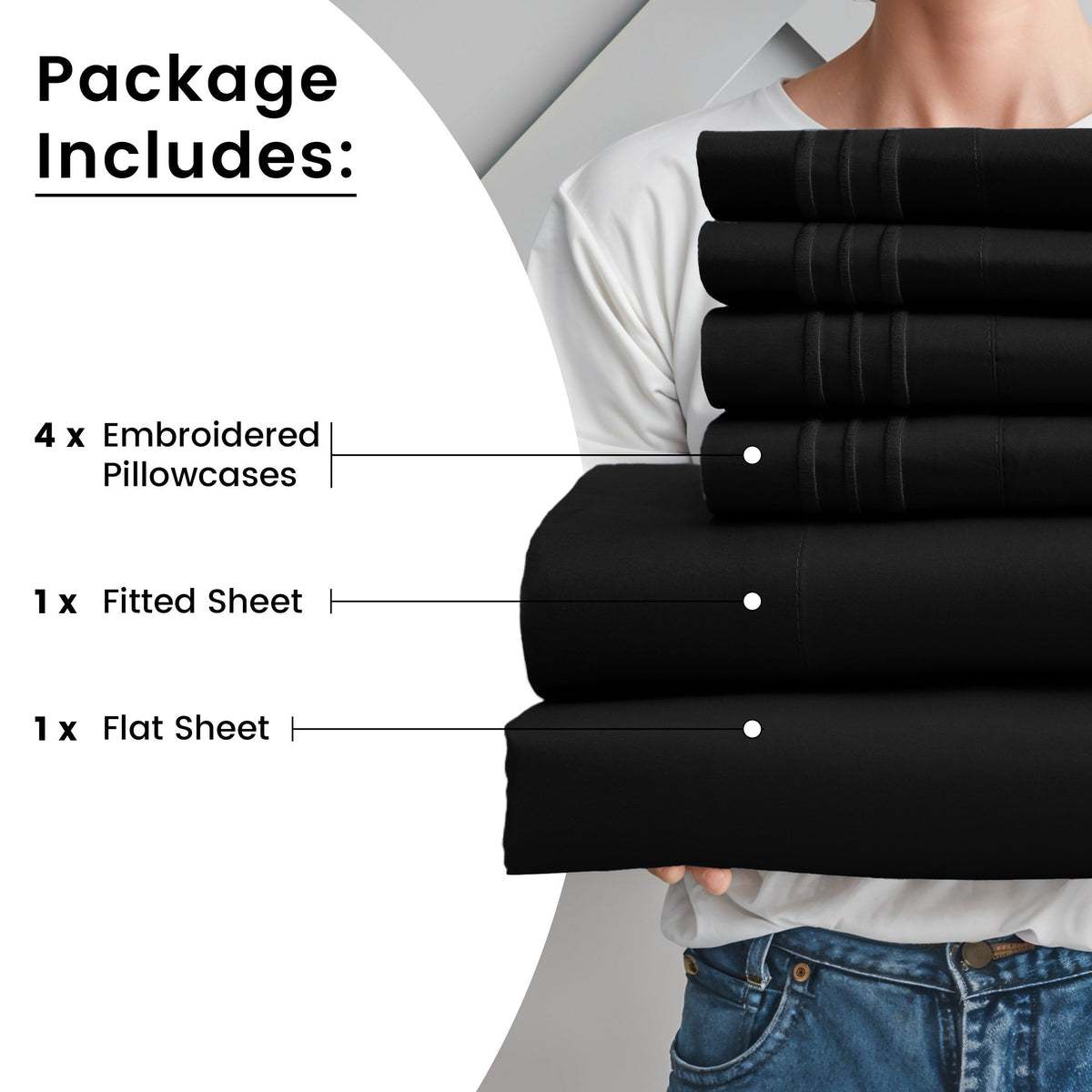 Fitted Sheet Set 6-Piece Brushed Polyester Deep Pocket Bed Sheets 20 Colors Hotel Luxury Bedding with Embroidered Pillowcases