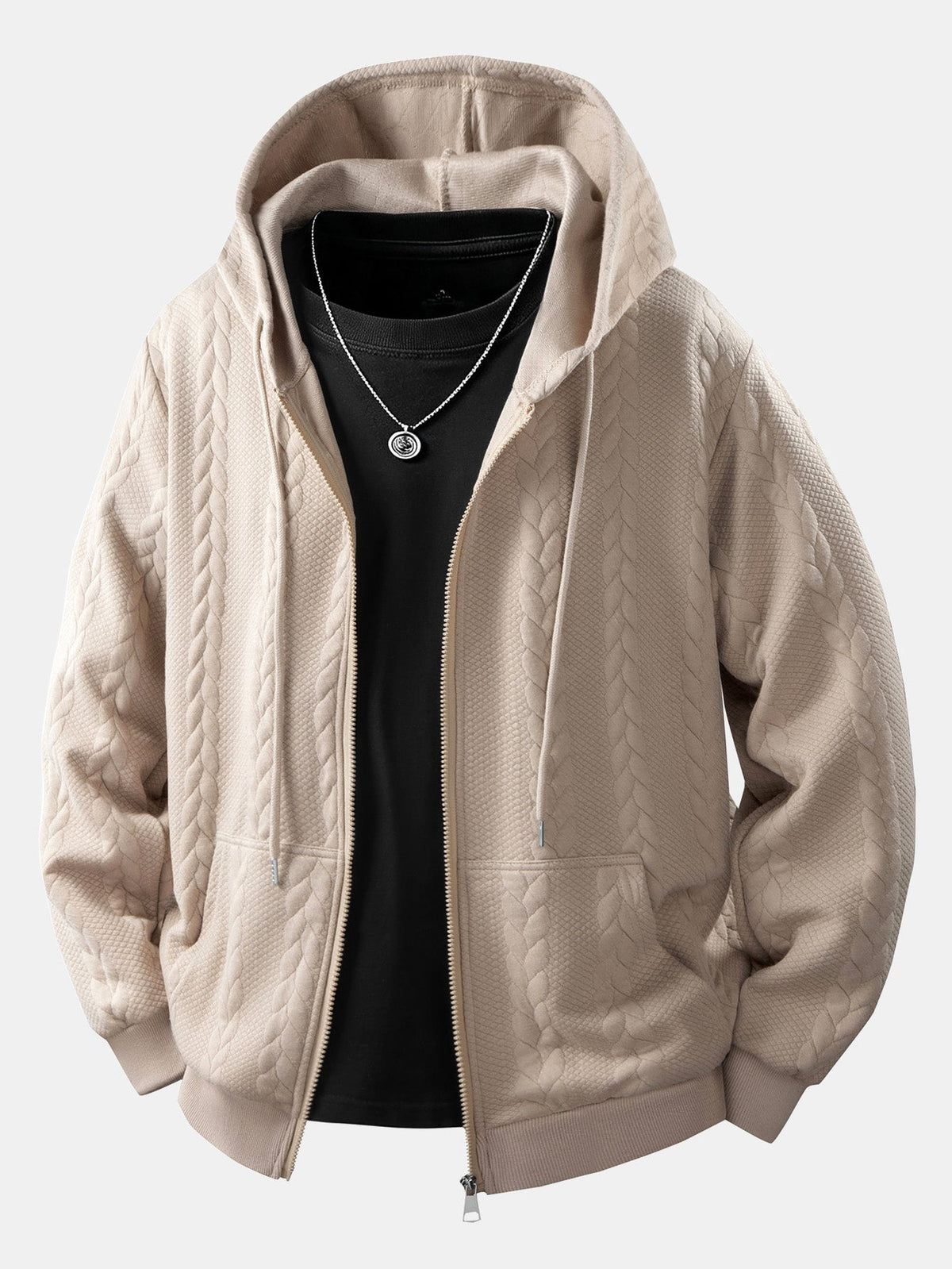 Cable Jacquard Zip-Up Hooded Jacket