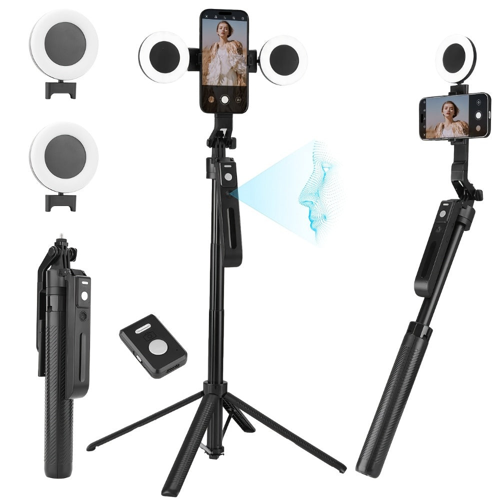 70-Inch Black Tracking Selfie Stick Tripod with Round Fill Light, Floor Base, Remote and Three Light Settings
