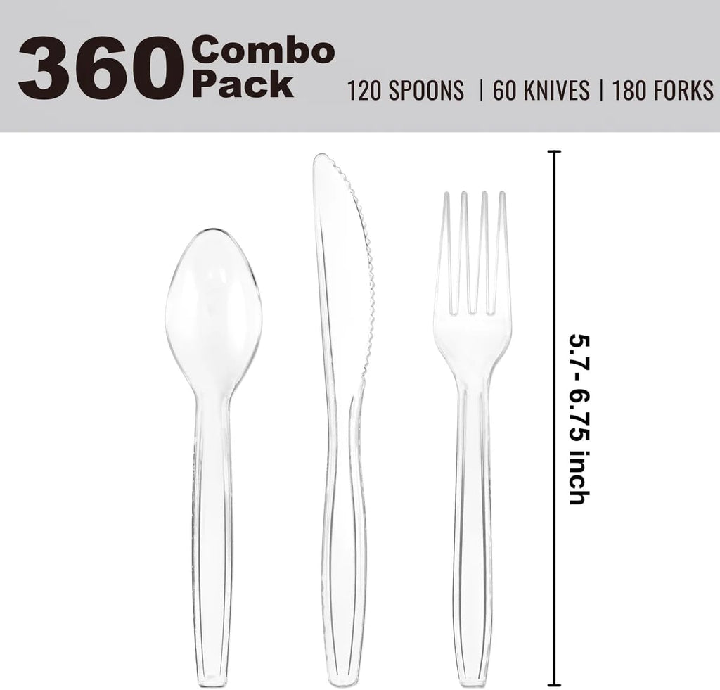 Clear Disposable Cutlery set - 360 Pieces: 180 Forks, 120 Spoons, 60 Knives