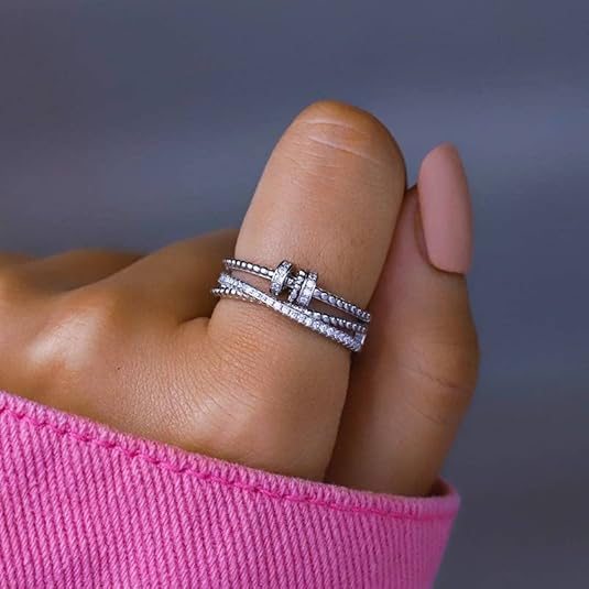 Diamond Bead Fidget Ring Adjustable - Silver