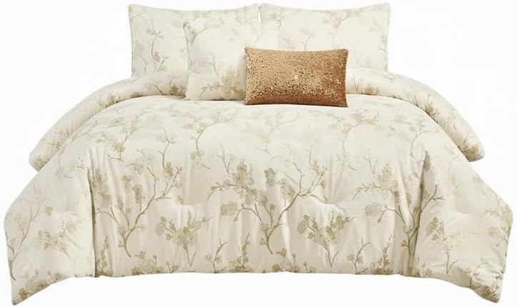 Floral 5-Piece Comforter Set, Farmhouse Bed in a Bag with Comforter, Pillow Shams, Decorative Pillows for All Seasons