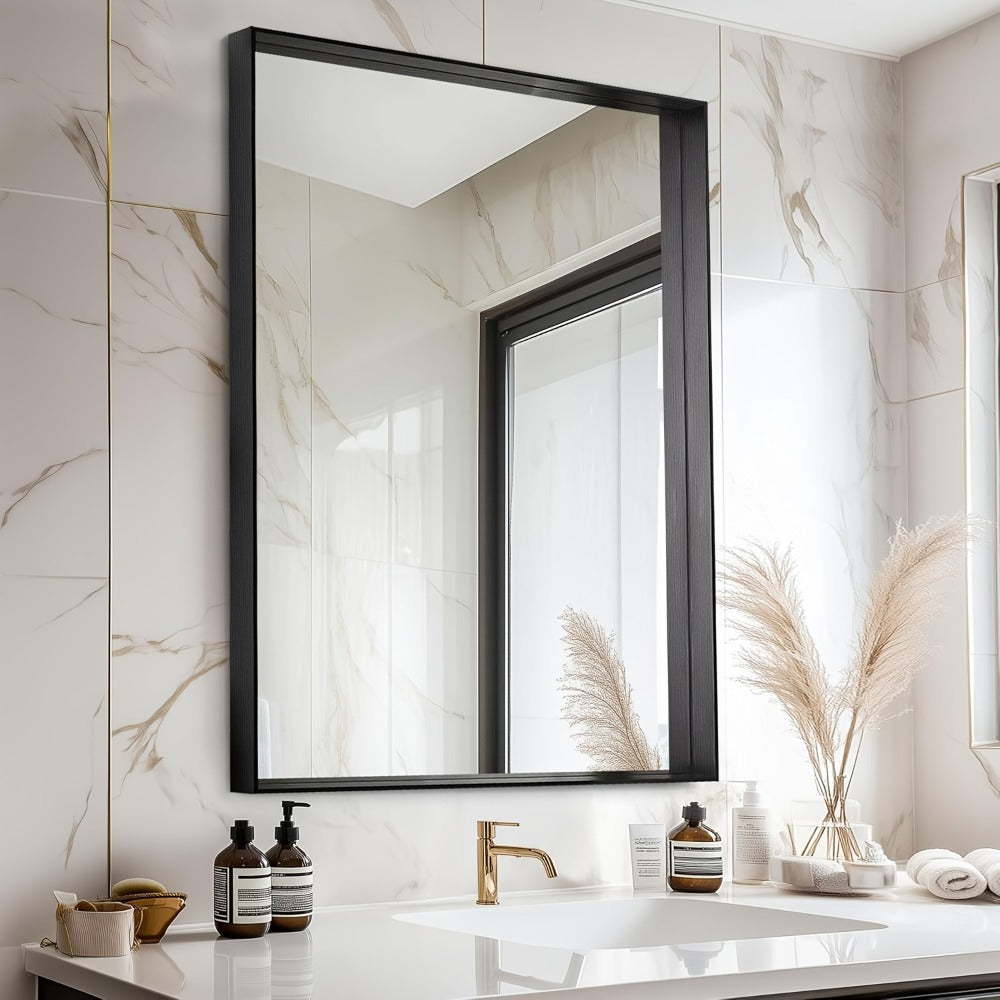 Bathroom Mirror with Rectangular Metal Frame, Horizontal or Vertical Wall Mounting in Three Finishes