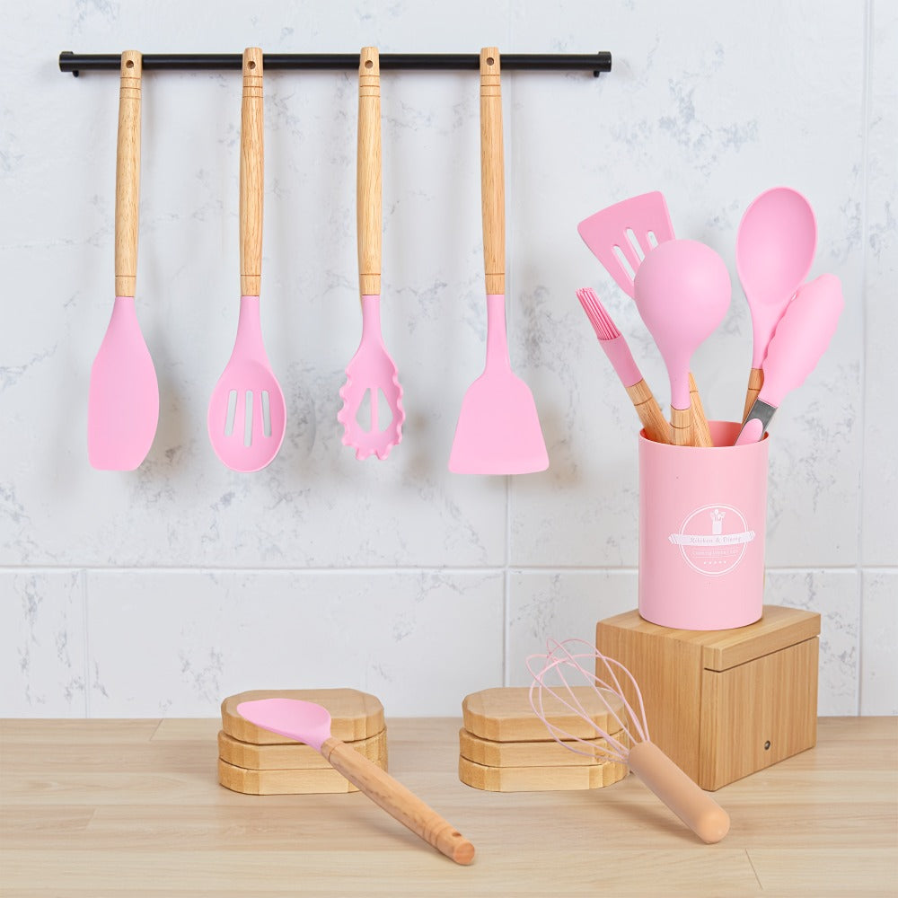 Silicone Kitchen Utensil Set 12PCS with Wooden Handle - Heat Resistant Non-Stick Safe for Home Cooking, Dining and Outdoor Meals