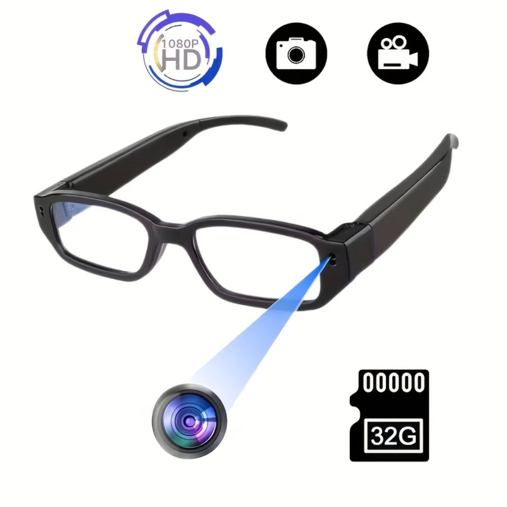 13B Clear-Lens Camera Glasses in Black with Thick Temples and 32GB or 64GB TF Card Bundles