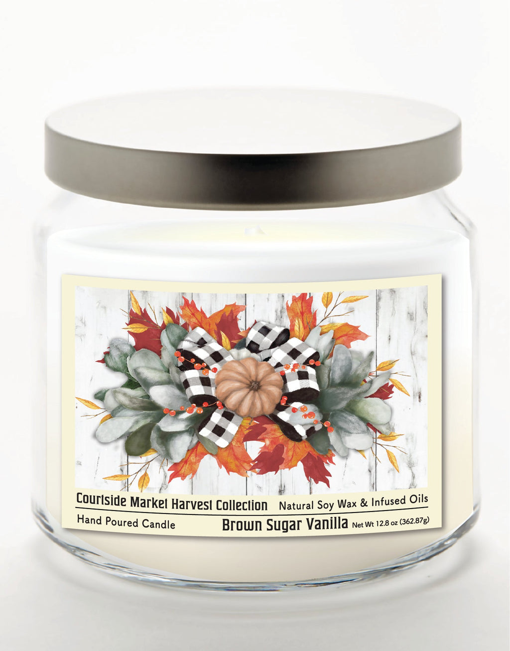 Orange Pumpkin Swag 12.8 Oz Candle Glass Jar with Brushed Silver Metal Lid