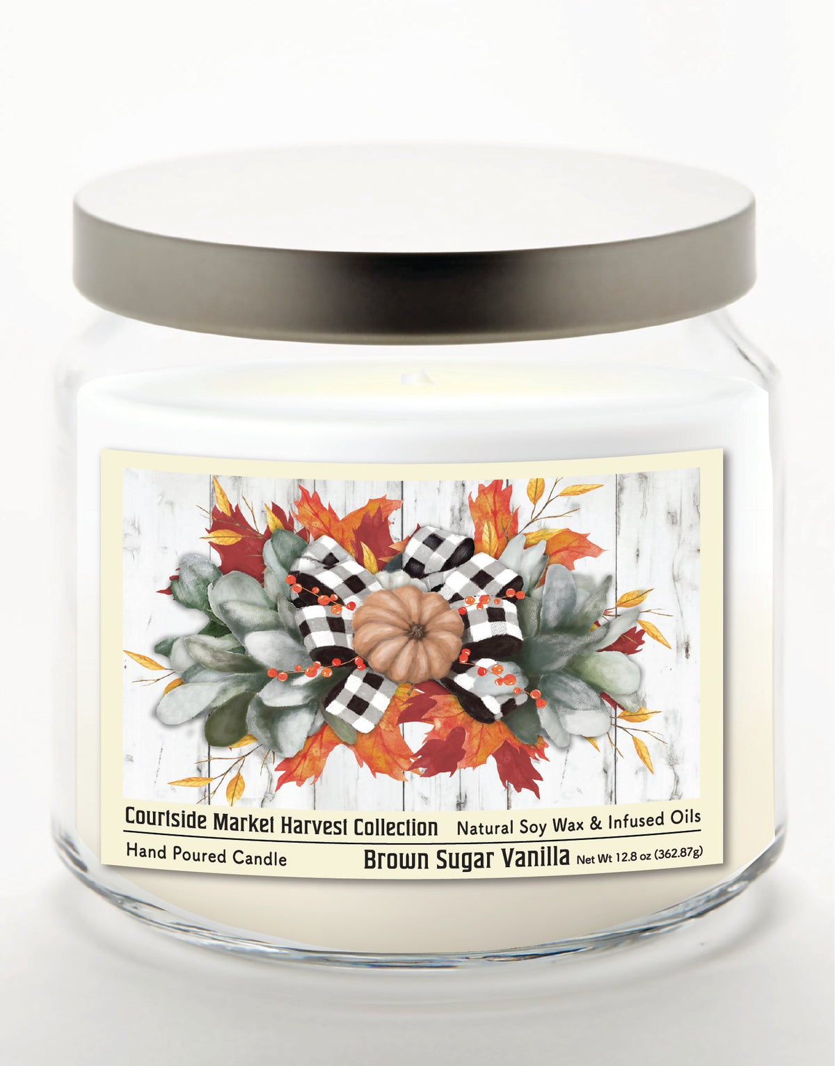Orange Pumpkin Swag 12.8 Oz Candle Glass Jar with Brushed Silver Metal Lid