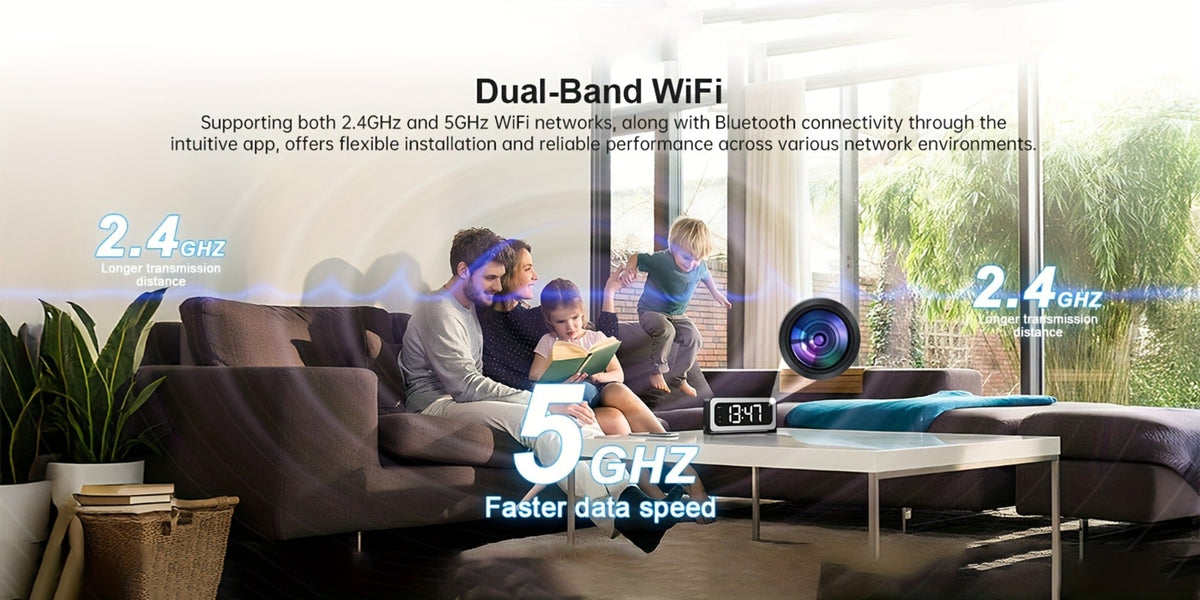 Security Camera 2K Clock-Format Model with Dual-Band WiFi, Color Night Vision, Motion Detection and Two-Way Talk