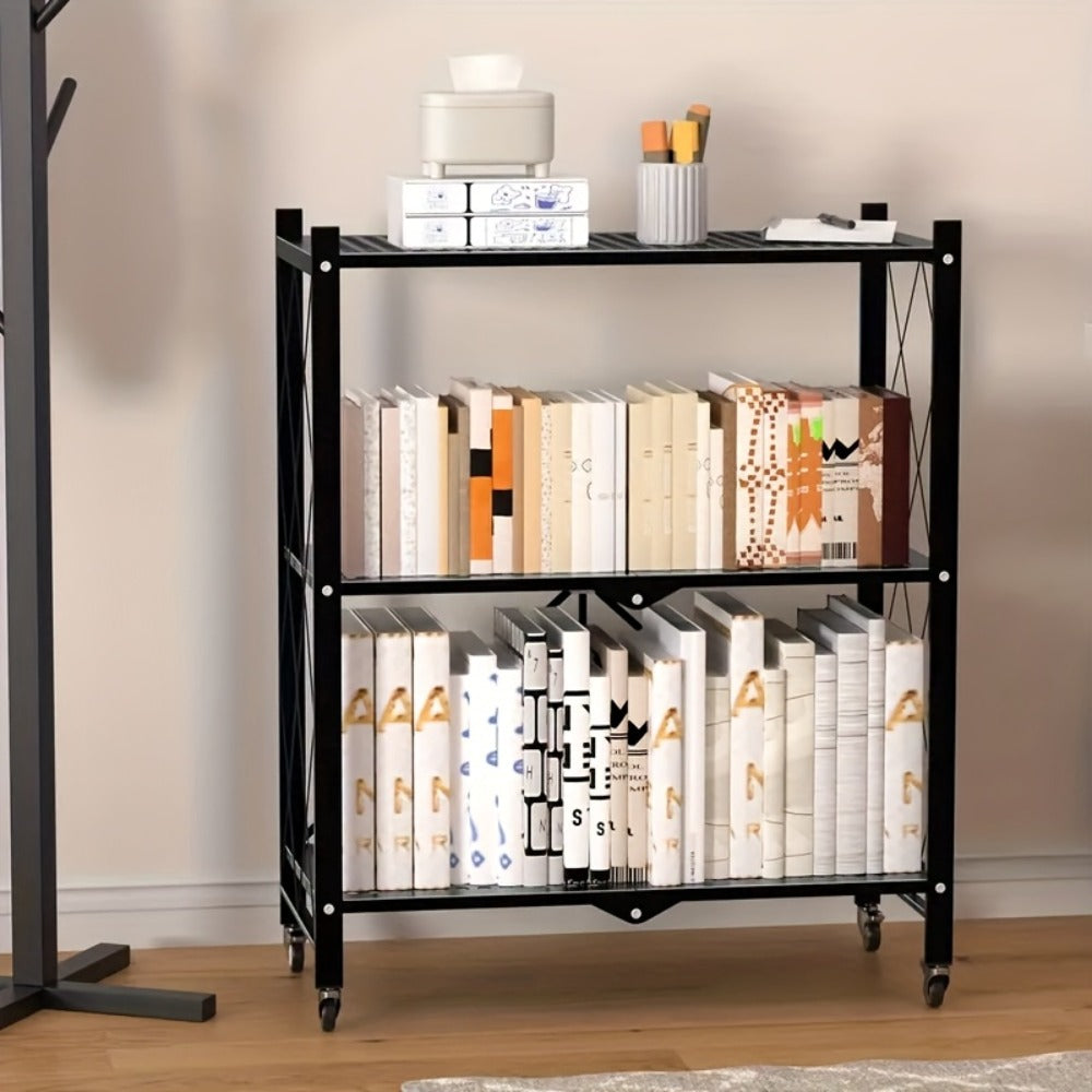 Three-Tier Foldable Storage Rack with Black Iron Shelves, Caster Wheels and 62cm-Wide Frame
