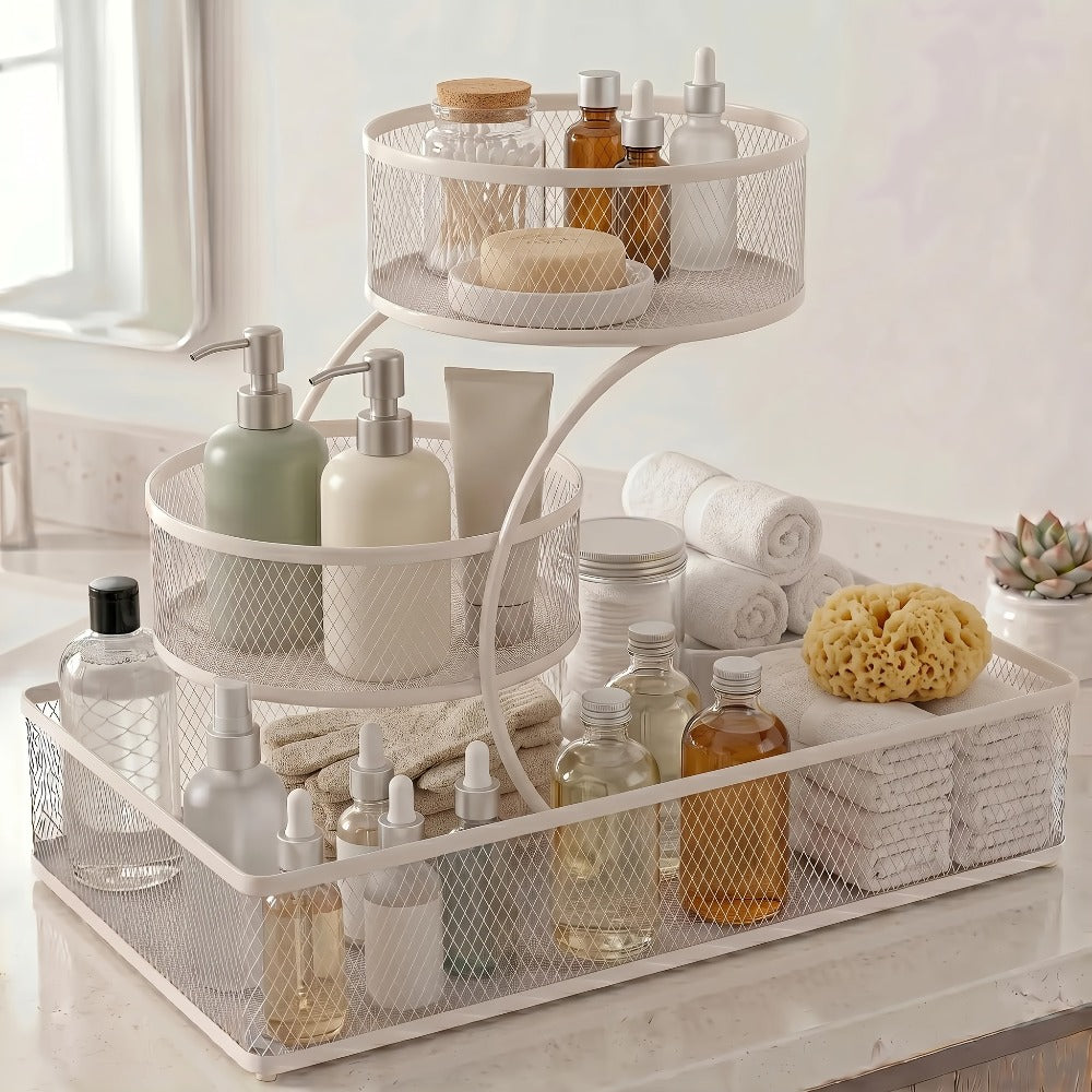 Bathroom Rack in a Metal Design with a Spray Bottle and the Hooks