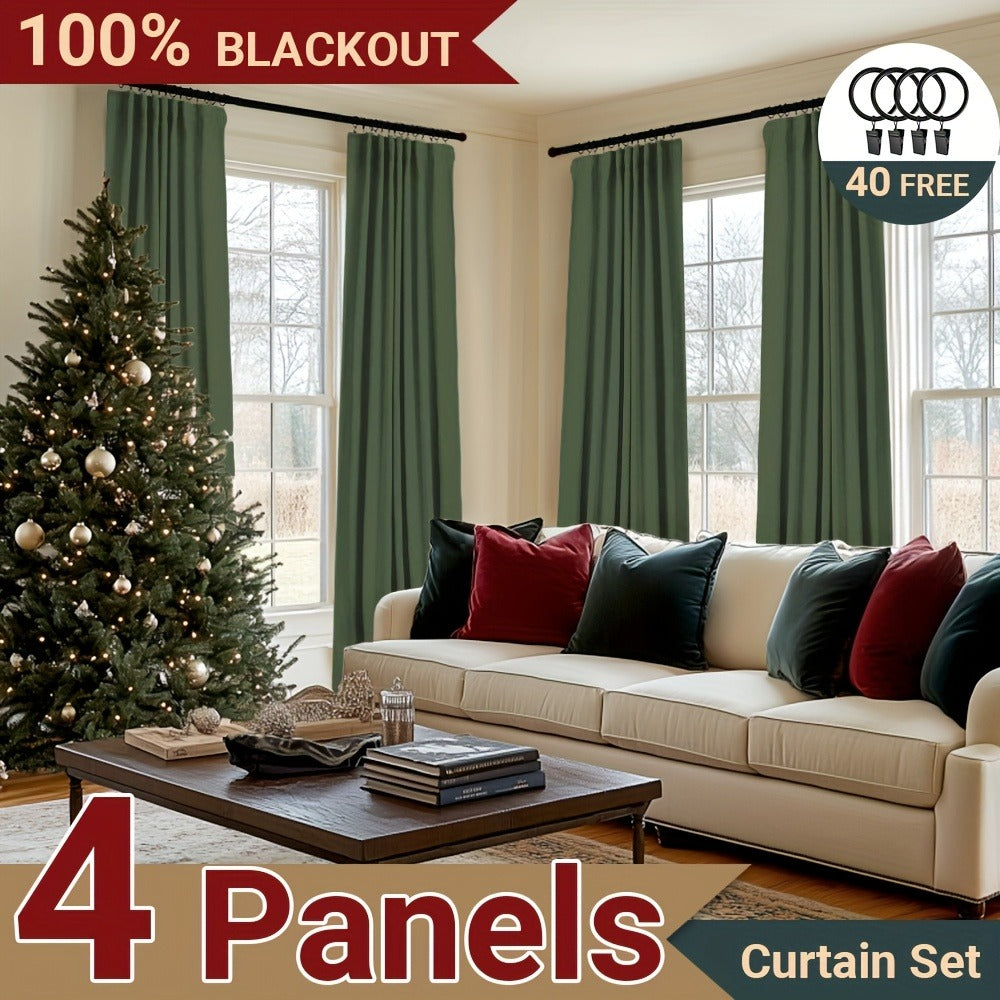 Four Faux Linen Textured Panels with Thermal Insulation and Rod Pockets for Living Room and Bedroom, 100% Blackout Curtains