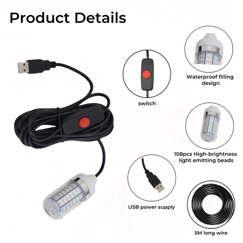 108 LED Underwater Fishing Light – IP68 Waterproof Night Fishing Lure Light with USB Connector & 16.4ft Cable, Super Bright Submersible Fish Attracting Light for Boat, Ice Fishing & Night Fishing (Green/White)