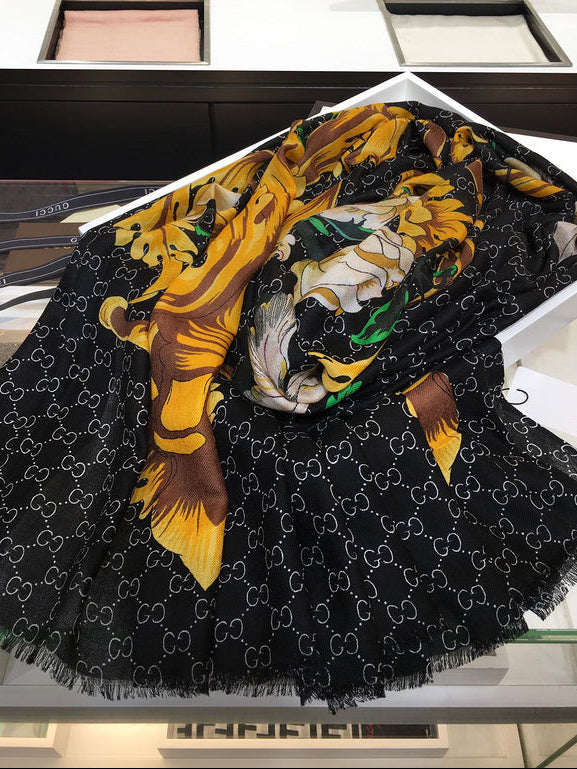 Gucci GG Monogram Baroque Floral 100% Cashmere Scarf – Black & Gold