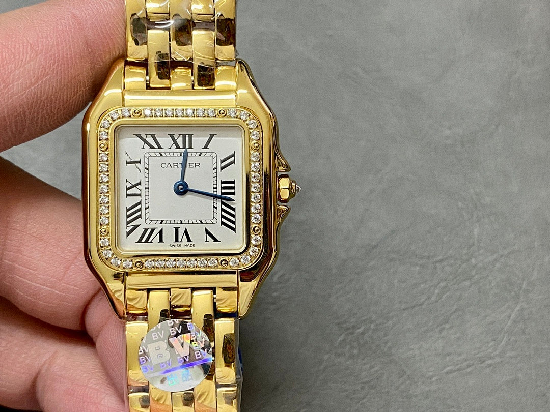 Cartier Panthère de Cartier – Yellow Gold Diamond Bezel White Roman Numeral Dial Blue Sword Hands Gold Panthère Bracelet