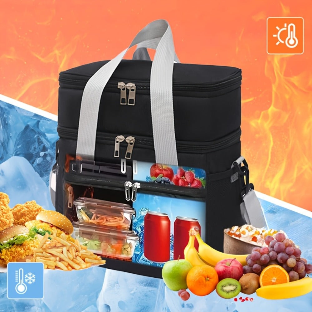 Double-Layer Lunch Bag Tote with Upper and Lower Compartments, Shoulder Strap and Four Colors