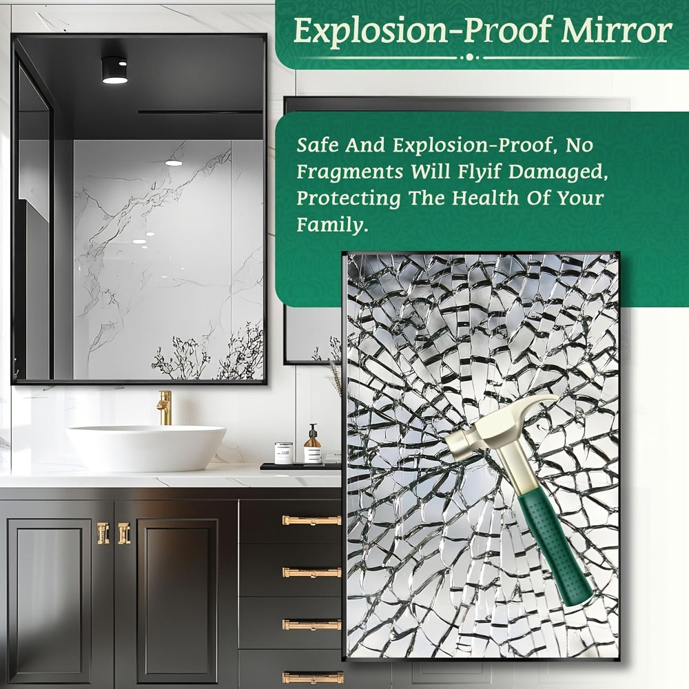 Bathroom Mirror with Rectangular Metal Frame, Horizontal or Vertical Wall Mounting in Three Finishes