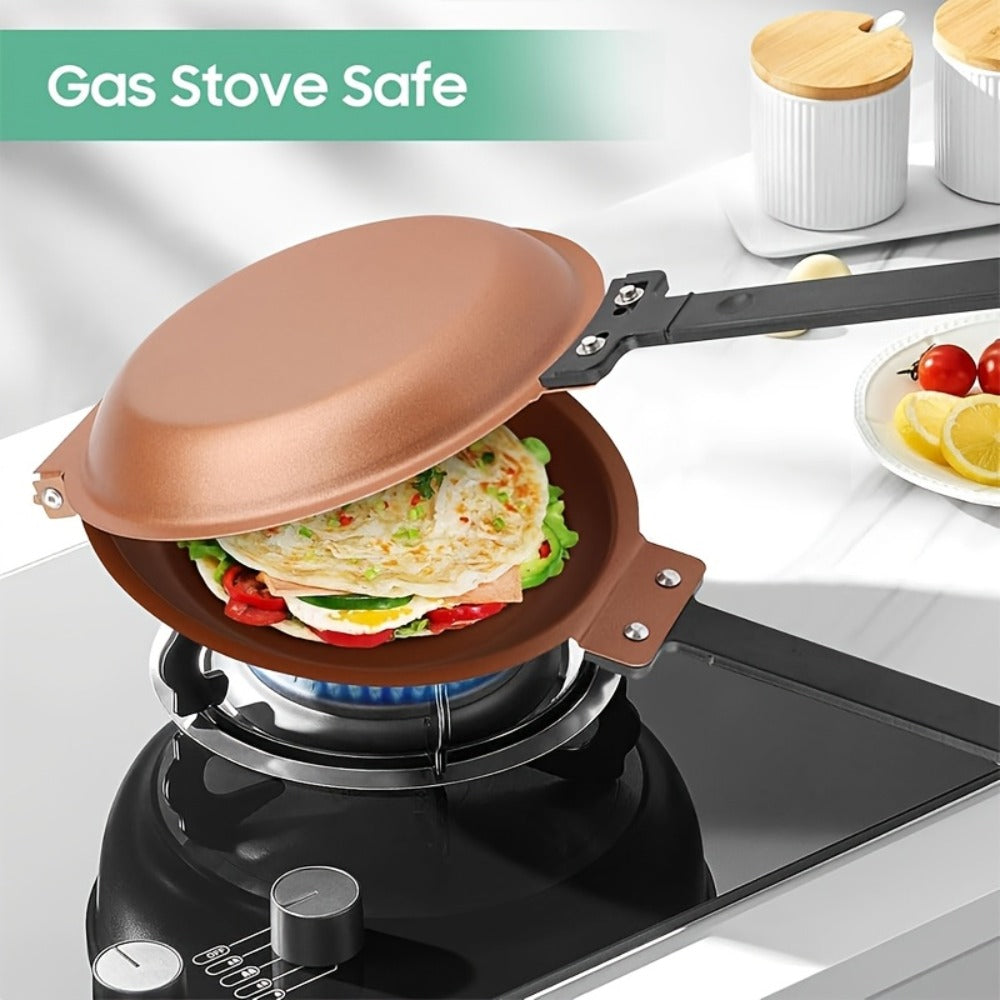 Double-Sided Omelette Pan Cookware with 7.09in Round Wells, Reversible Hinge and Golden Finish