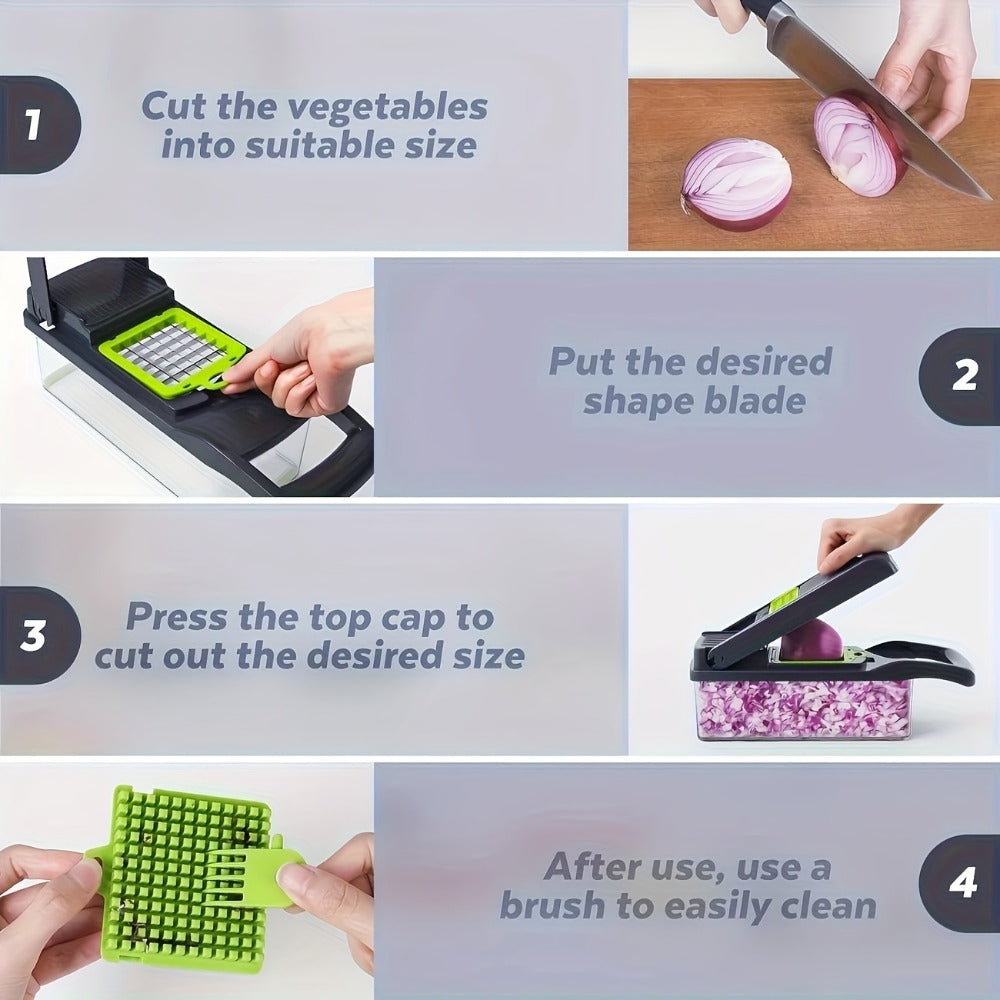 Vegetable Chopper 16-in-1 Manual Food Chopper Set, 8 Interchangeable Blades with Container, Grater & Strainer