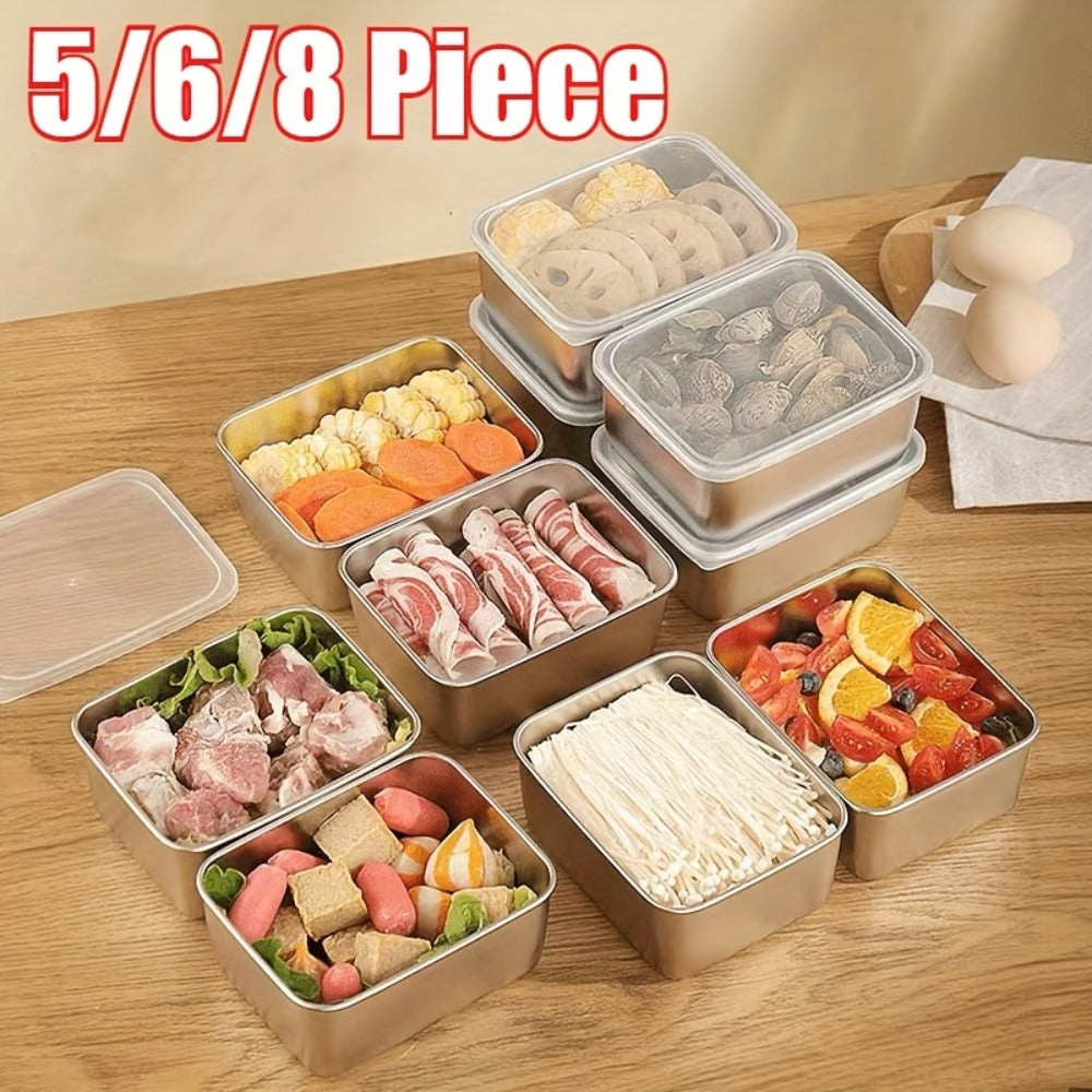 304 Stainless Steel Food Storage Containers, Lidded Kitchen Storage Set in Five, Six or Eight Pieces