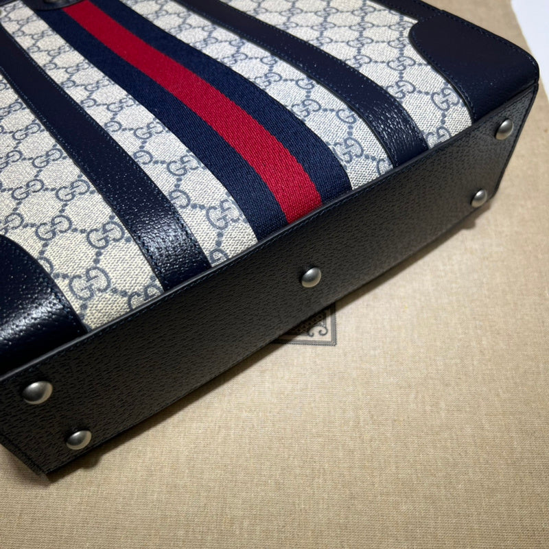 Gucci Ophidia GG Supreme Medium Tote Bag – Navy Leather Trim Web Stripe Silver GG