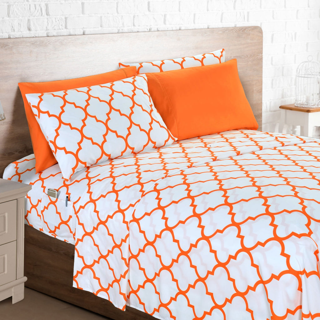 Bed Sheet Set Geometric Trellis Microfiber in Size-Dependent 4- or 6-Piece Configuration with 16-Inch Pocket
