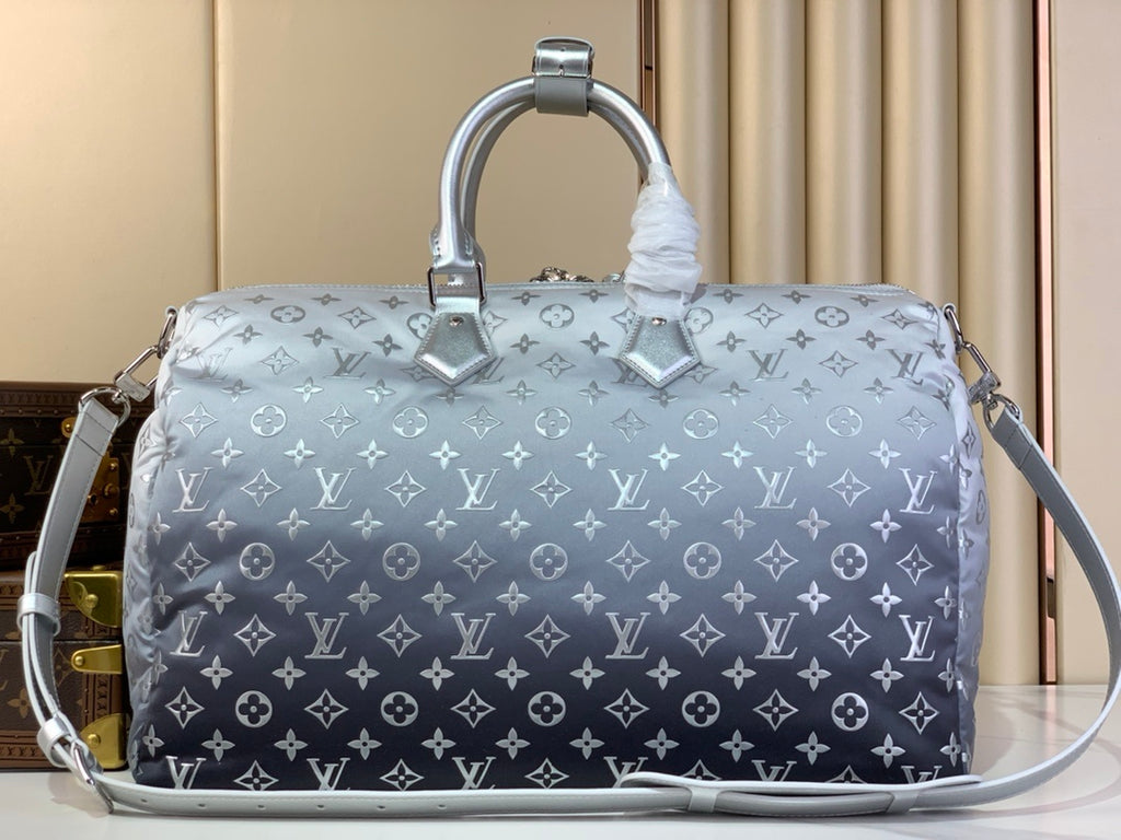 Louis Vuitton Keepall Bandoulière 50 – Silver Grey Gradient Monogram Giant LV Flower Patch