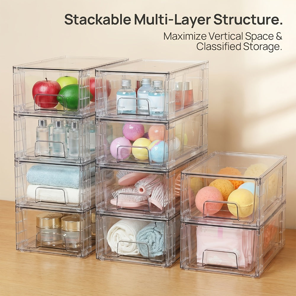 Clear Acrylic Storage Drawers with Handles - Stackable Refrigerator and Pantry Organizer Bins for Snacks Fruits and Vegetables