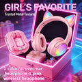 Cute Pink Cat Ear Headphones & Wireless Earbuds Gift Set Bundle LED Glowing Over-Ear for Bedside Audio, Alarms and Room Entertainment