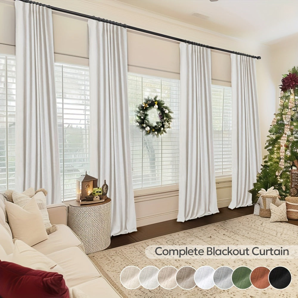Four Faux Linen Textured Panels with Thermal Insulation and Rod Pockets for Living Room and Bedroom, 100% Blackout Curtains