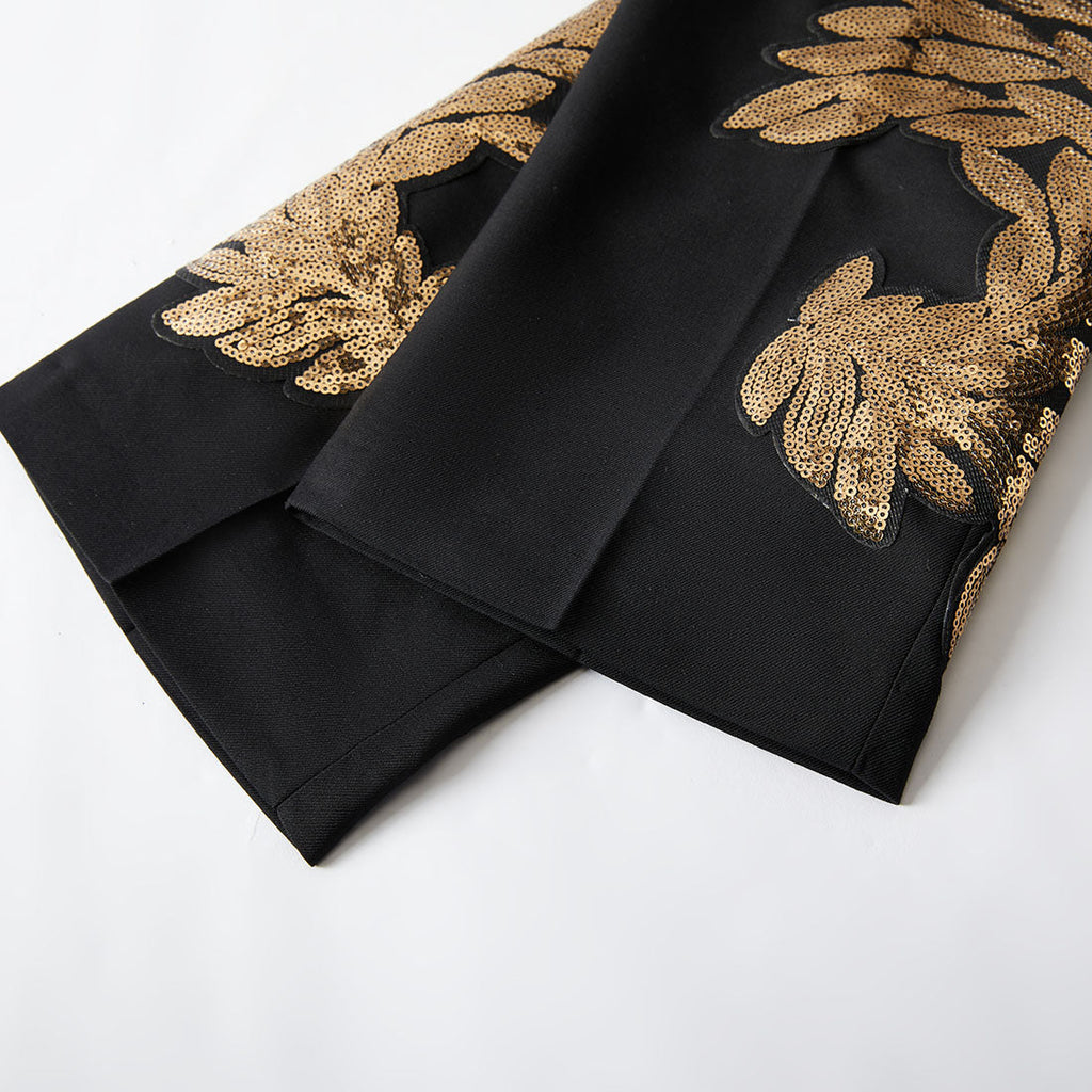 2-teiliger Slim-Fit-Smoking für Herren mit goldener Blätterstickerei und Pailletten