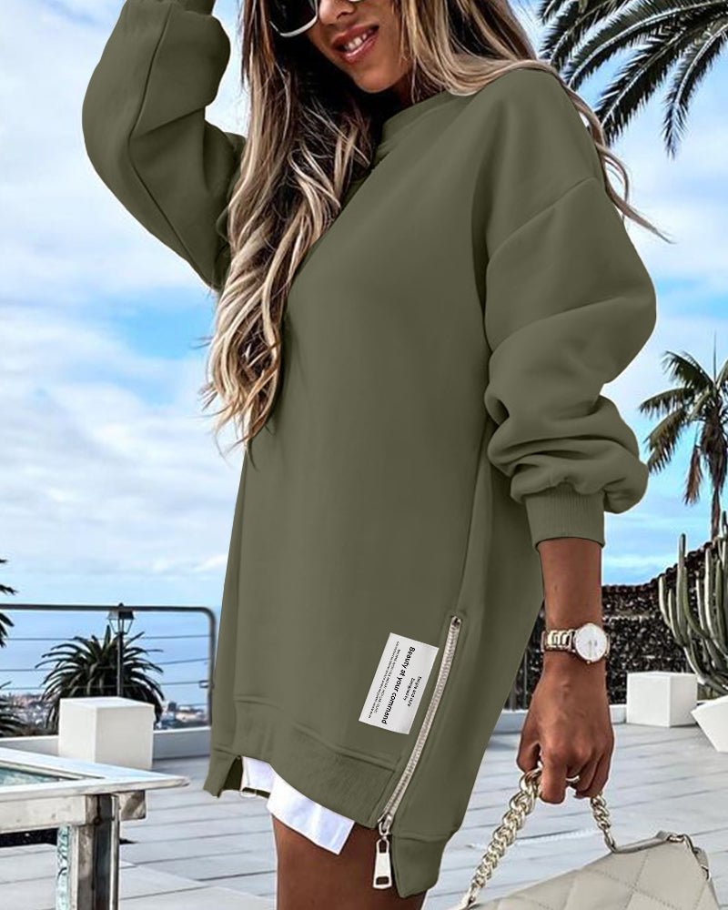 Letter Patch Detail Long Sleeve Drop Shoulder Pullover Sweatshirt Casual Zipper Side Slit Top