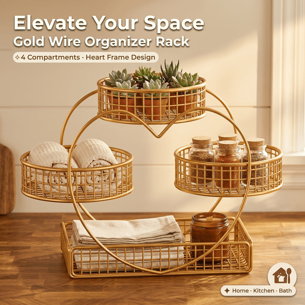 Three-Tier Gold-Tone Wire Fruit Basket with Three Round Bowls and Rectangular Countertop Base