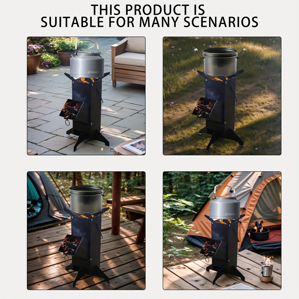 Black Rocket Stove with Detachable Side Feed Door, Four-Leg Base and Wood or Charcoal Fuel Configuration