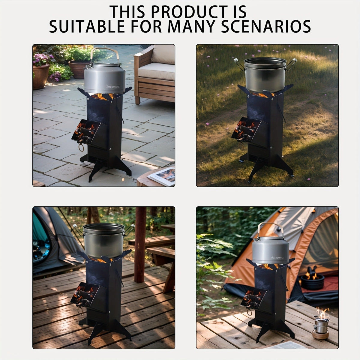 Black Rocket Stove with Detachable Side Feed Door, Four-Leg Base and Wood or Charcoal Fuel Configuration