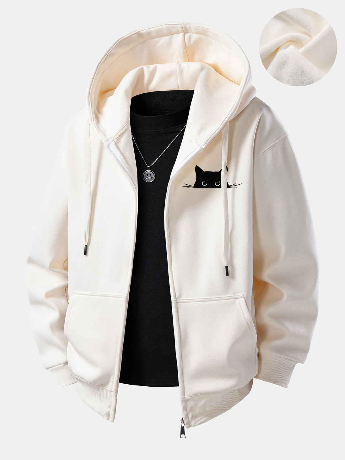 Kapuzenjacke mit Reißverschluss, schwarzem Katzen-Print und Fleece-Futter