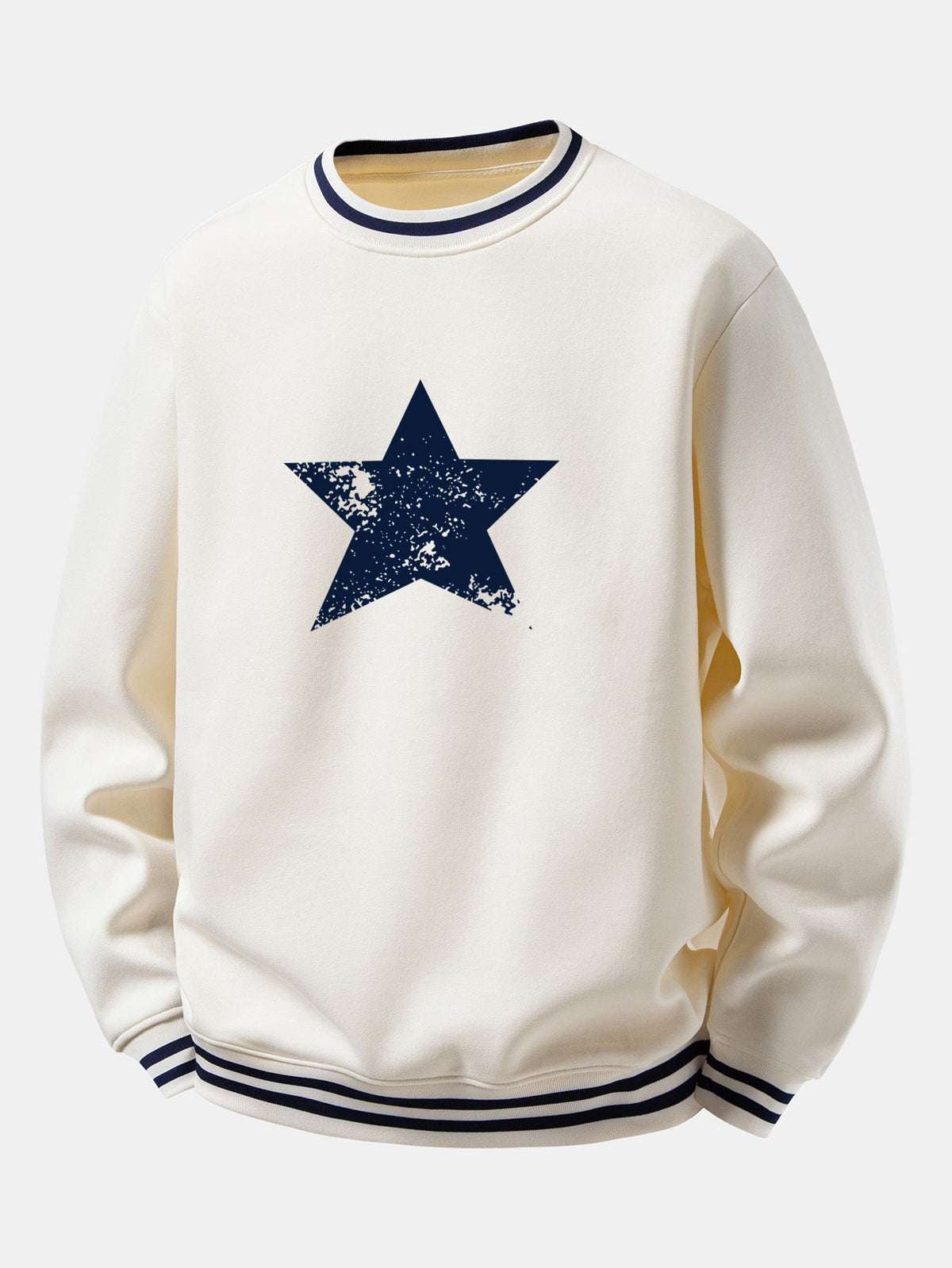 Star Print Striped Ribbed Trim Crew Neck Sweatshirt