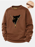 Zipper Black Cat Print Teddy Fleece Lined Sweatshirt