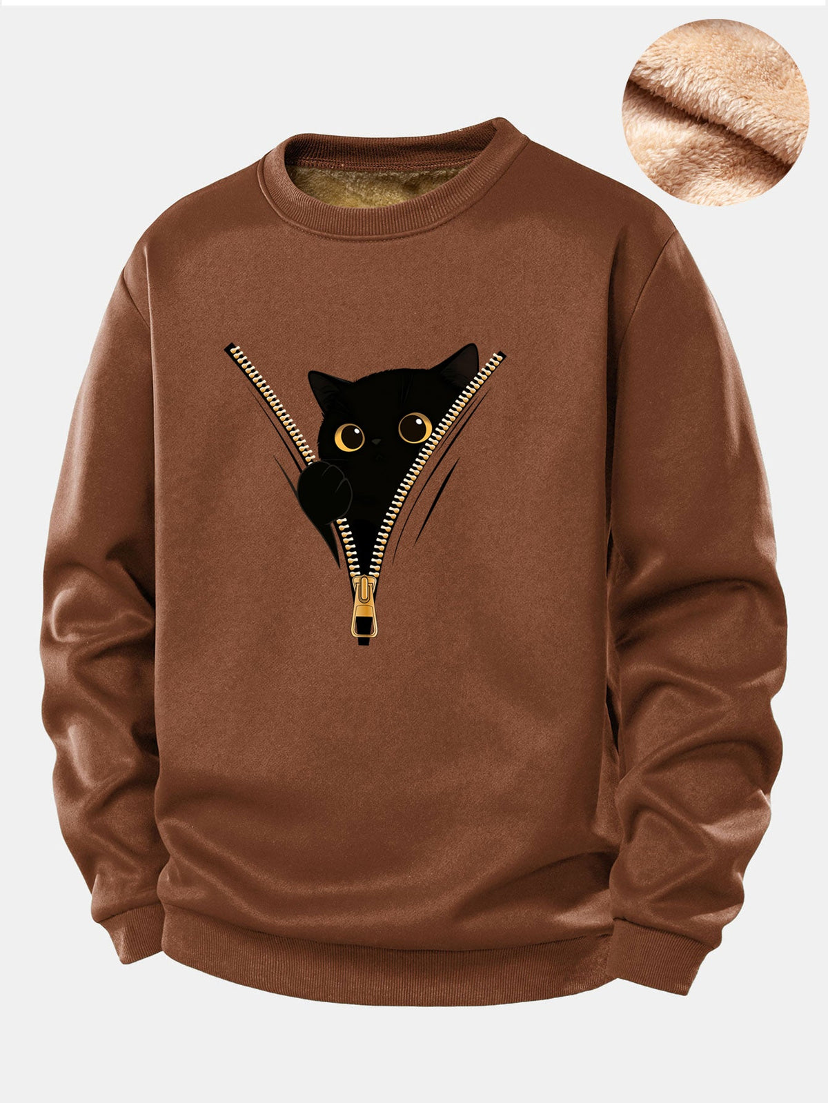 Zipper Black Cat Print Teddy Fleece Lined Sweatshirt