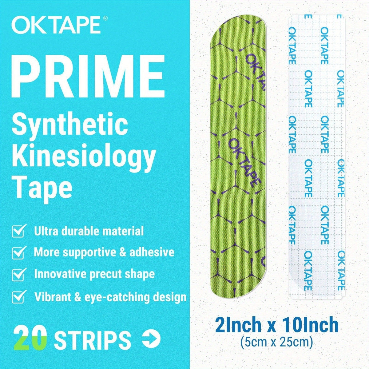 Kinesiology Tape 20 Precut Strips Green – Elastic Athletic Muscle Support Tape, Waterproof Performance K Tape for Sports, Running, Gym & Injury Recovery, 2" x 10" Each Strip