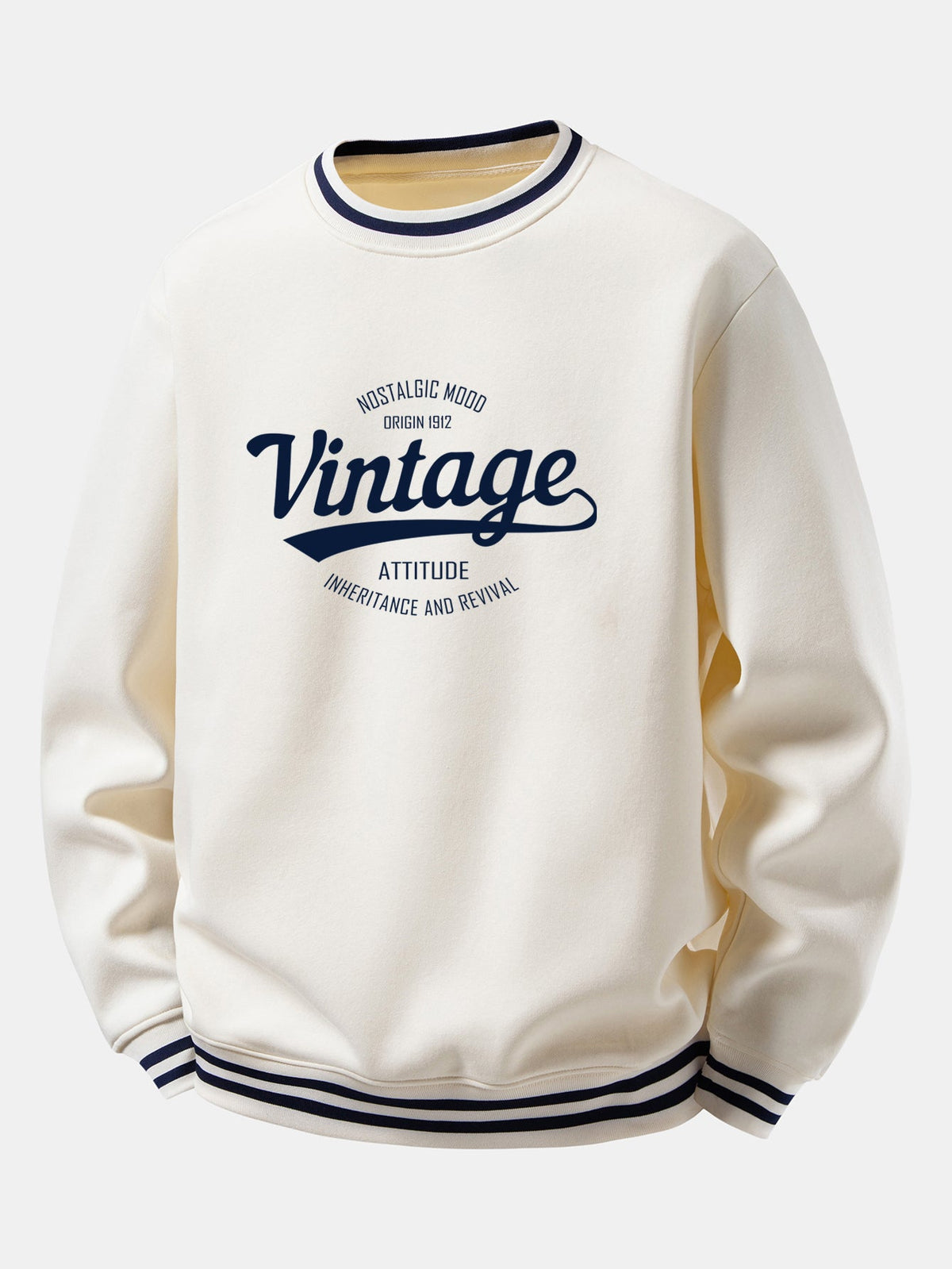 Vintage Print Striped Ribbed Trim Crew Neck Sweatshirt