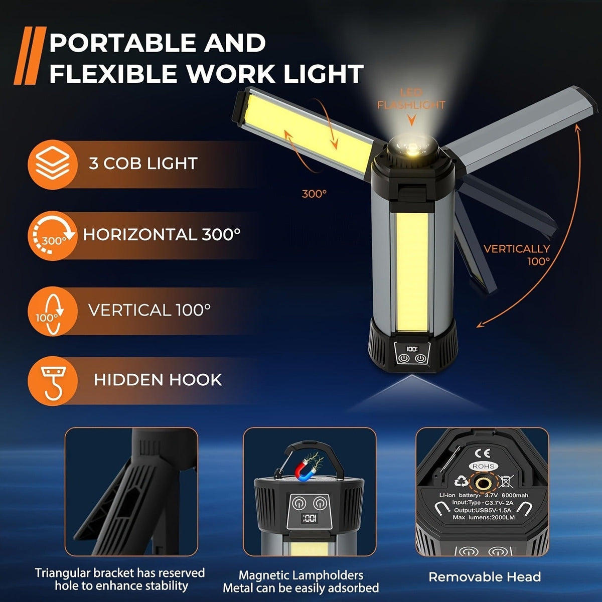 Camping Lantern with Rechargeable USB Power and Tripod Stand, LED Work Light Featuring Ten Lighting Modes