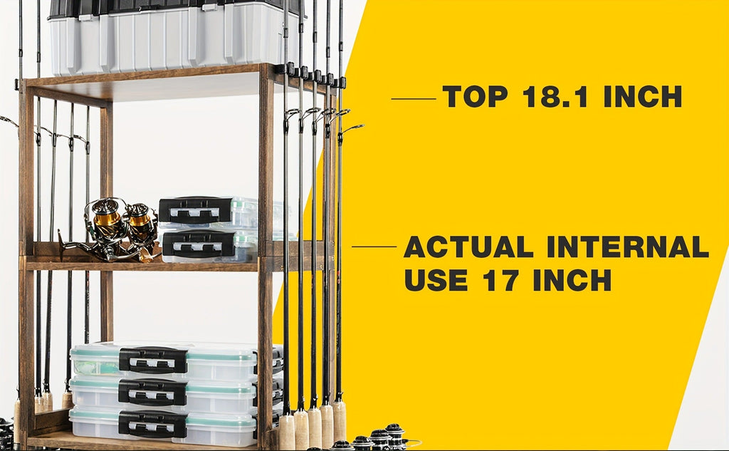 Fishing Rod Holder for Garage Wall Storage, Wooden Rack for Up to Ten Rods with Tackle and Gear Organization