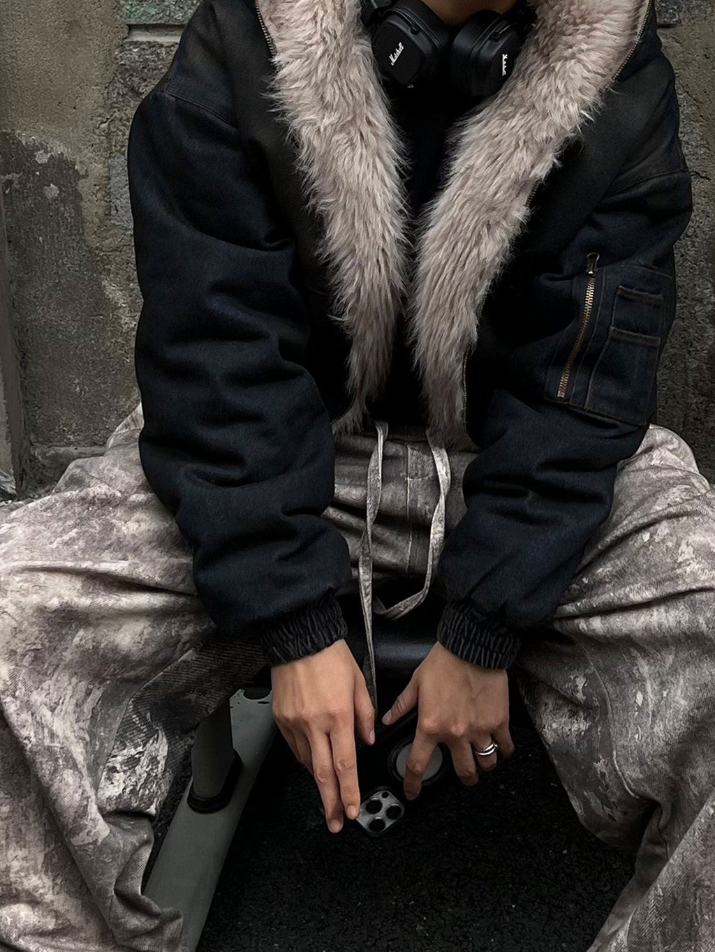 Boxy Faux Fur Collar Washed Denim Hooded Jacket