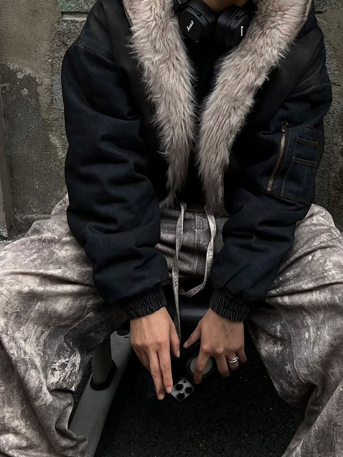 Boxy Faux Fur Collar Washed Denim Hooded Jacket