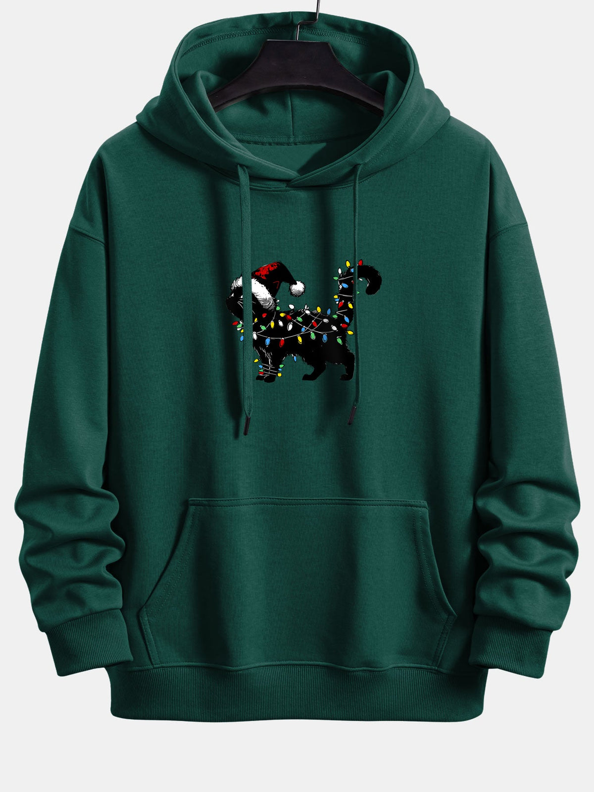 Christmas Colorful Light Black Cat Print Relax Fit Hoodie